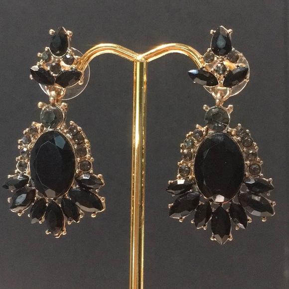 Black rhinestone/gold tone drop/dangle post earrings EUC Gorgeous sparklers - Picture 10 of 10